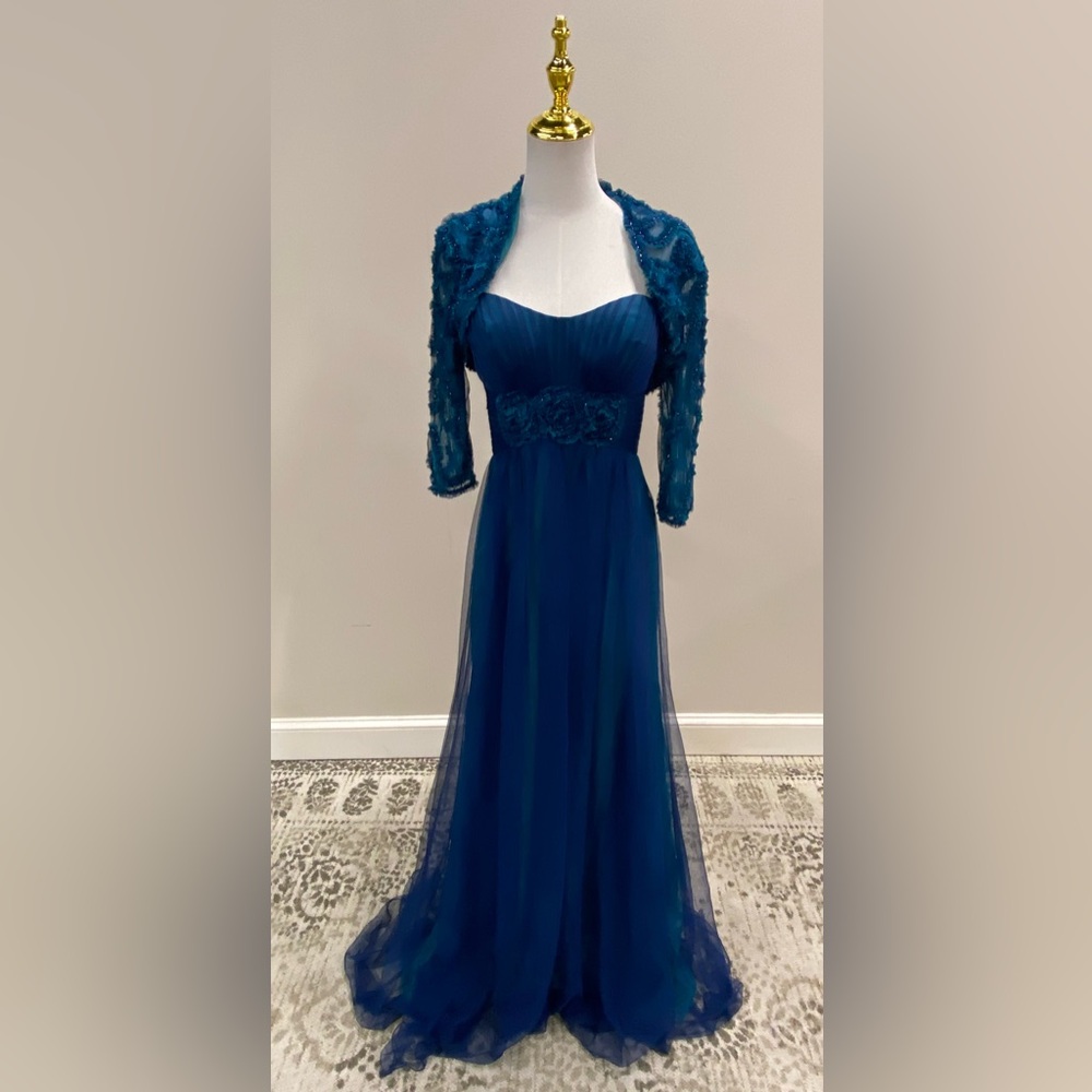 Elegant Teal Evening Gown with Lace Bolero